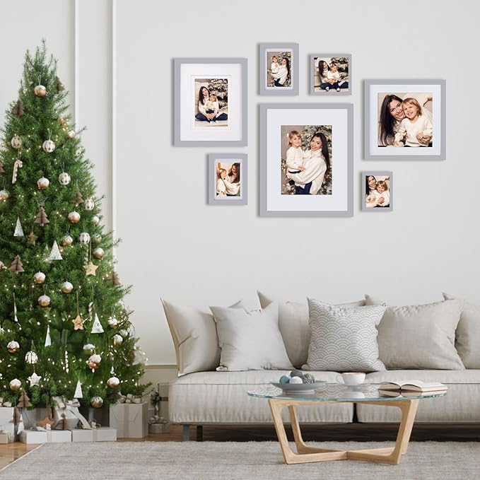 Egofine 11x11 Picture Frames 4 Pack, Display Pictures 4x4 or 8x8 with Mat or 11x11 Without Mat Made of Solid Wood Covered by Plexiglass for Table Top Display and Wall Mounting Photo Frame, Light Gray
