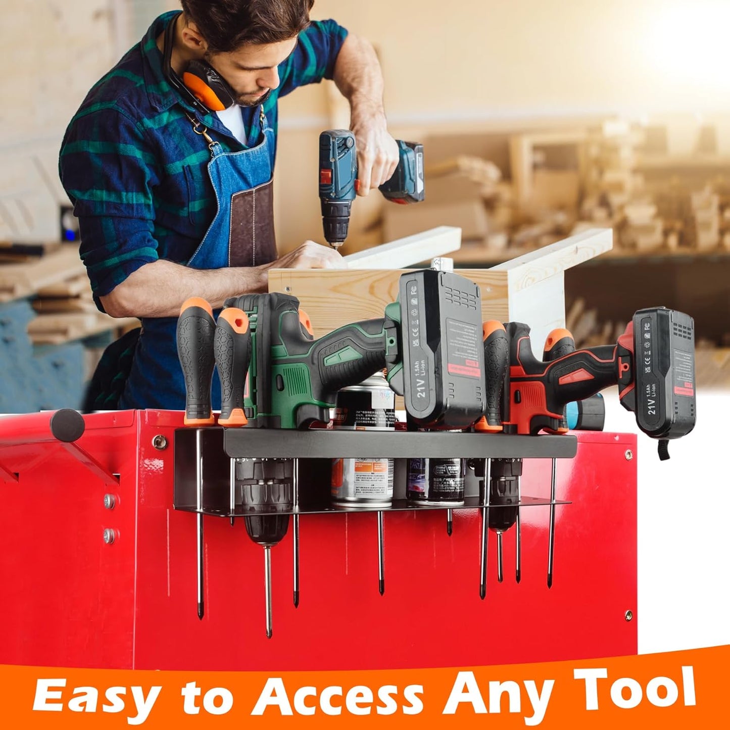 MUTUACTOR Super Power Tool Organizer, Non-Slip 4 Drill Holder Magnetic Mount with 2 Layer Heavy Duty Metal Storage Rack, Garage Tool Organizer with Screwdriver, Plier, Impact Drill Drivers