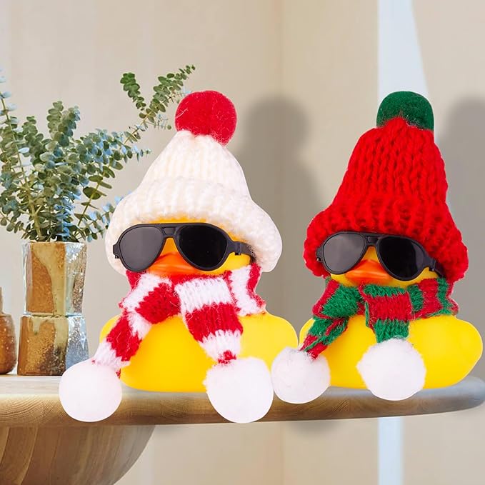 Rubber Duck Car Ornaments 2Pack Winter Duck Car Dashboard Decorations for Christmas Decor and Home Decorations with Mini Hat Scarf and Sunglasses(T14)