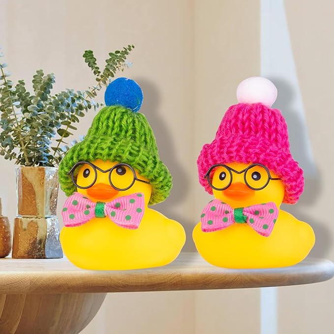 Car Rubber Duck Ornament, Winter Duck Car Dashboard Decoration with Mini Beanie Hat Bow Tie and Glasses(C2)
