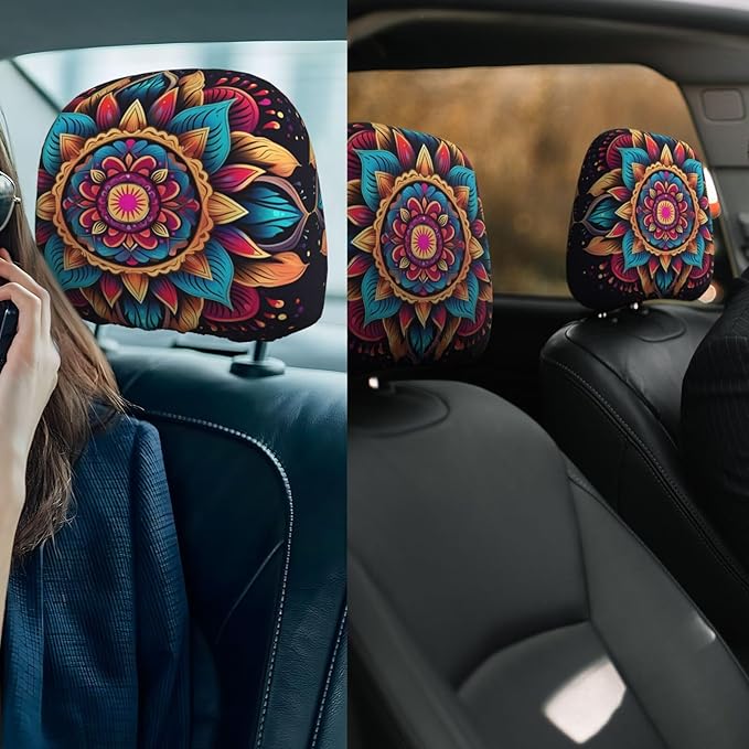 Dujiea 2 Pack Boho Mandala Turquoise Car Headrest Covers, Universal Soft Car Seat Head Rest Cover Protector, Vehicle Accessories Fabric Headrest Cover for Cars Vans Trucks