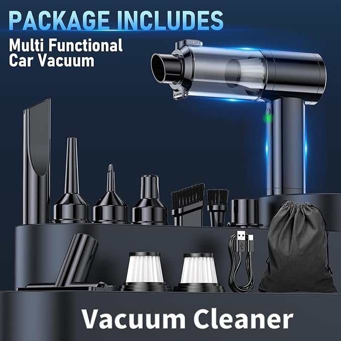Car Vacuum Portable Cordless, 35000Pa High Power Brushless Motor Handheld Vacuum, 6-in-1 Rechargeable Mini Cleaner with Air Duster for Car, Home, Pet Hair, Keyboard,Grey
