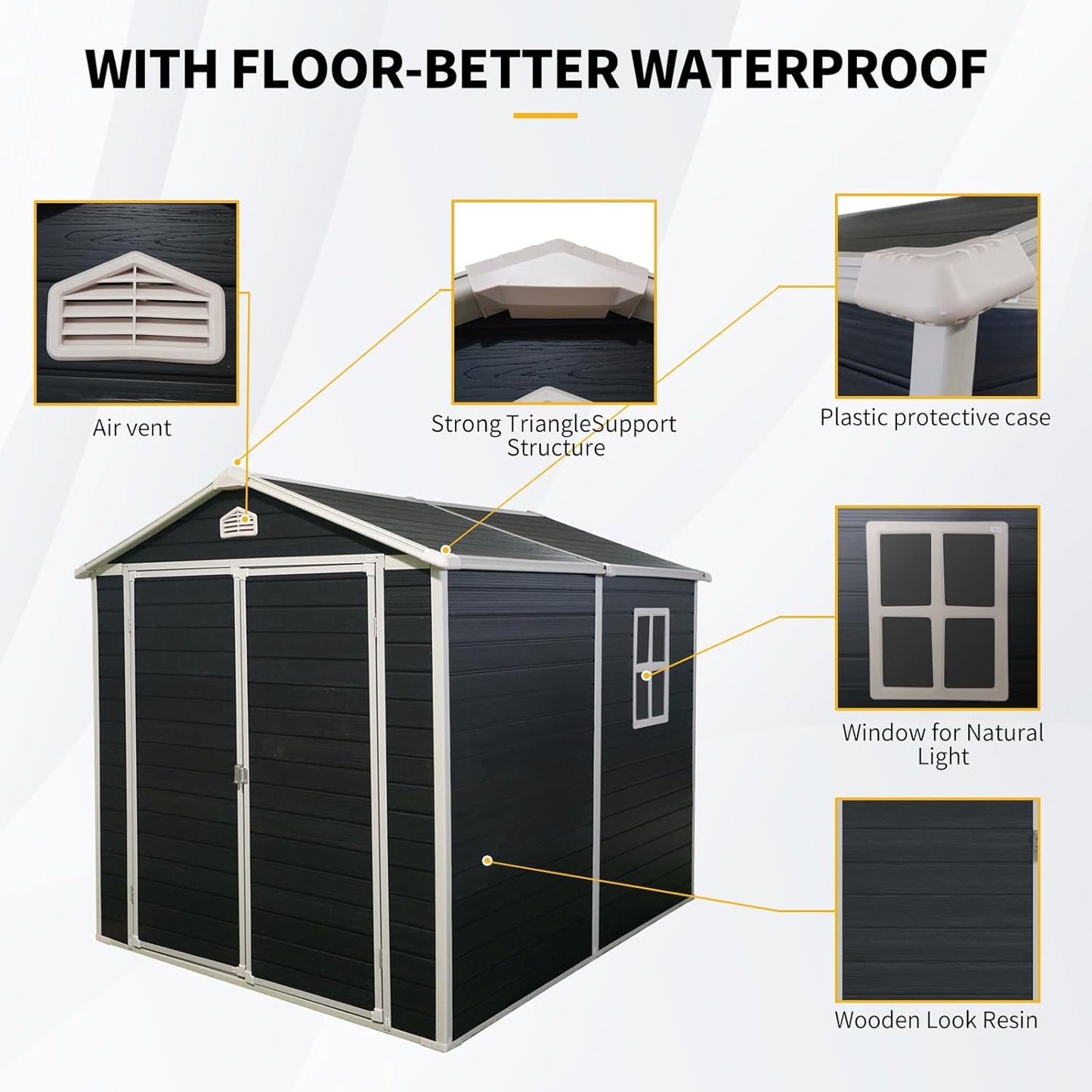 6x8 FT Outdoor Storage Resin Shed with Floor,Waterproof Plastic Garden Bike Shed with Lockable Door, Sloped Roof, Vents & Windows, Easy Assembly Tool Shed for Lawn, Backyard, Patio, Black