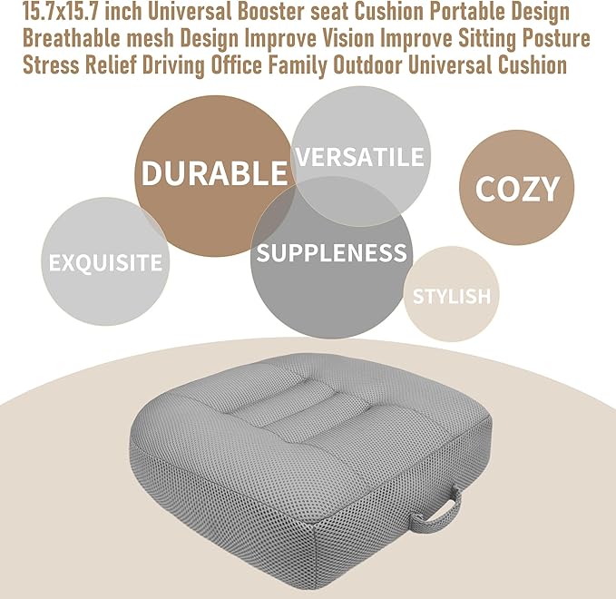 15.7x15.7x4.7 Inches Adjustable Thicknes Car Booster Seat Cushion Office boosr seat Cushion,Nylon Mesh & PP Memory Foam, Height-Adjustable for Driving, Office, Yoga, and Outdoor Use - Gray