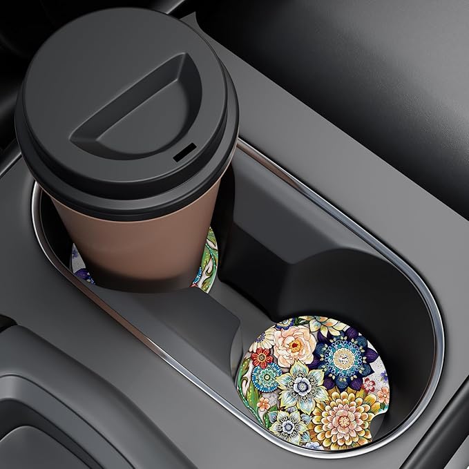 Car Cup Holder Coaster, Car Coasters for Cup Holders, 2 Pack Universal Anti Slip Insert Absorbent Ceramic Auto Interior Accessories with A Finger Notch & Cork Base, Mandala Flowers