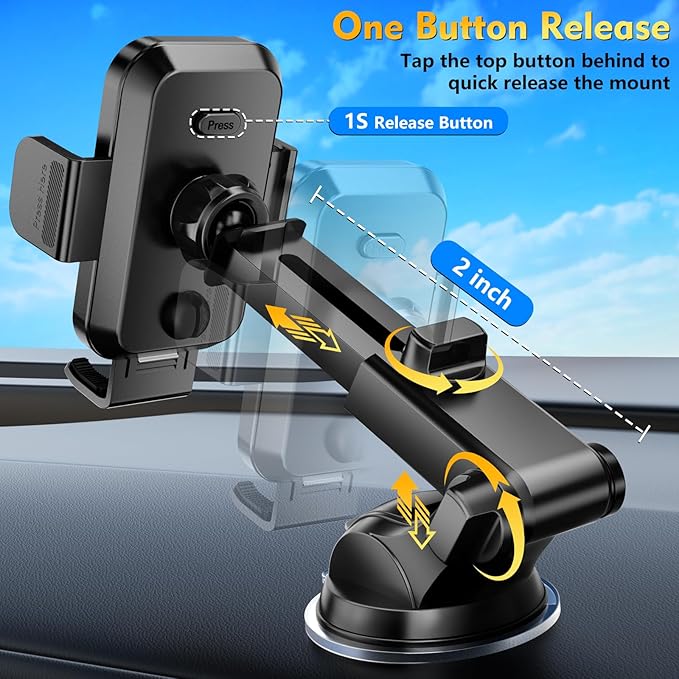 Phone Holders for Your Car 2025 Upgraded Military-Grade Strongest Suction & Stable Clamp Arm Car Phone Holder Mount 360°Adjustable for Dashboard, Windshield, Air Vent for iPhone Samsung, Carbon Fiber