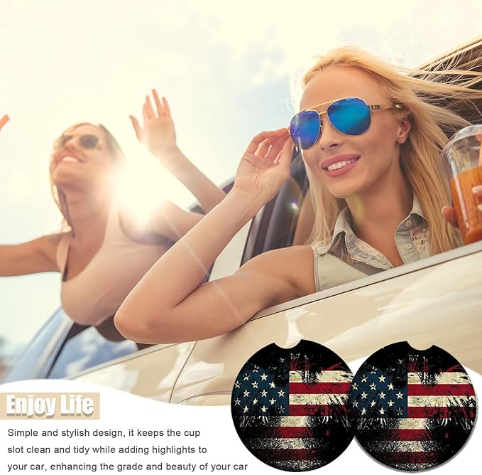 2 Pack Eagle American Flag Car Coasters for Cup Holders, USA Flag Ceramic Car Cup Holder Coaster for Car, Absorbent Car Cup Coasters with Cork Base Car Interior Accessories for Women Men