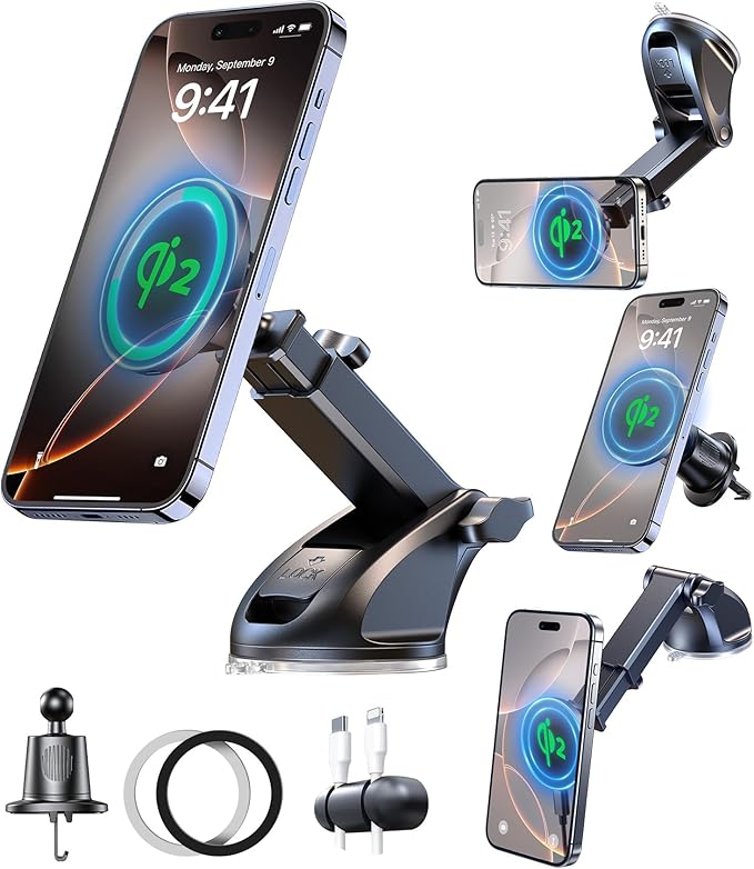 【Qi2 Certified・90LBS Vacuum Magnetic Suction】15W Fast Wireless Car Charger Mount for Magsafe, 360° Adjustable Arm, Dashboard/Windshield/Vent Phone Holder+Cable Organaizer for iPhone 16/15/14 Pro Max