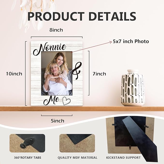 Nonnie Gifts Picture Frame 5x7, Grandma Photo Frame, Christmas Mothers Day Birthday Gifts for Nonnies from Grandkids, Nonnie and Me Wooden Picture Photo Frames for Desk Home Room Decor