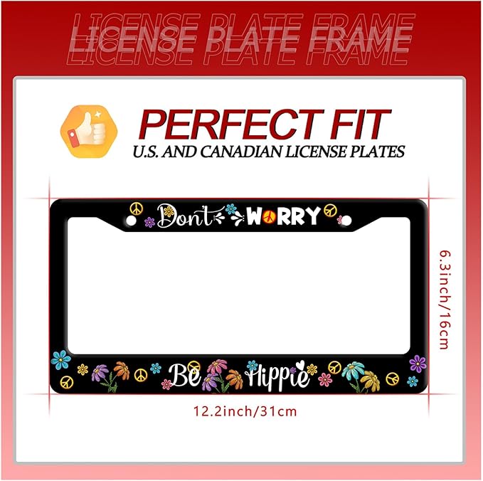 Hippie License Plate Frame Colorful Peace Flowers License Plate Frames Funny Auto Accessory Bracket Stainless Steel Personalise License Plate for Women Men 6.3x12.3 Inch