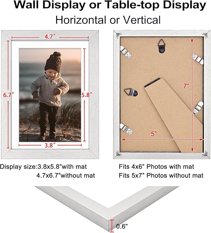 KINLINK 5x7 Picture Frame Silver Set of 4, Wooden Photo Frames Matted 4x6 with Plexiglass for 4x6 with Mat or 5x7 without Mat for Table and Wall Display