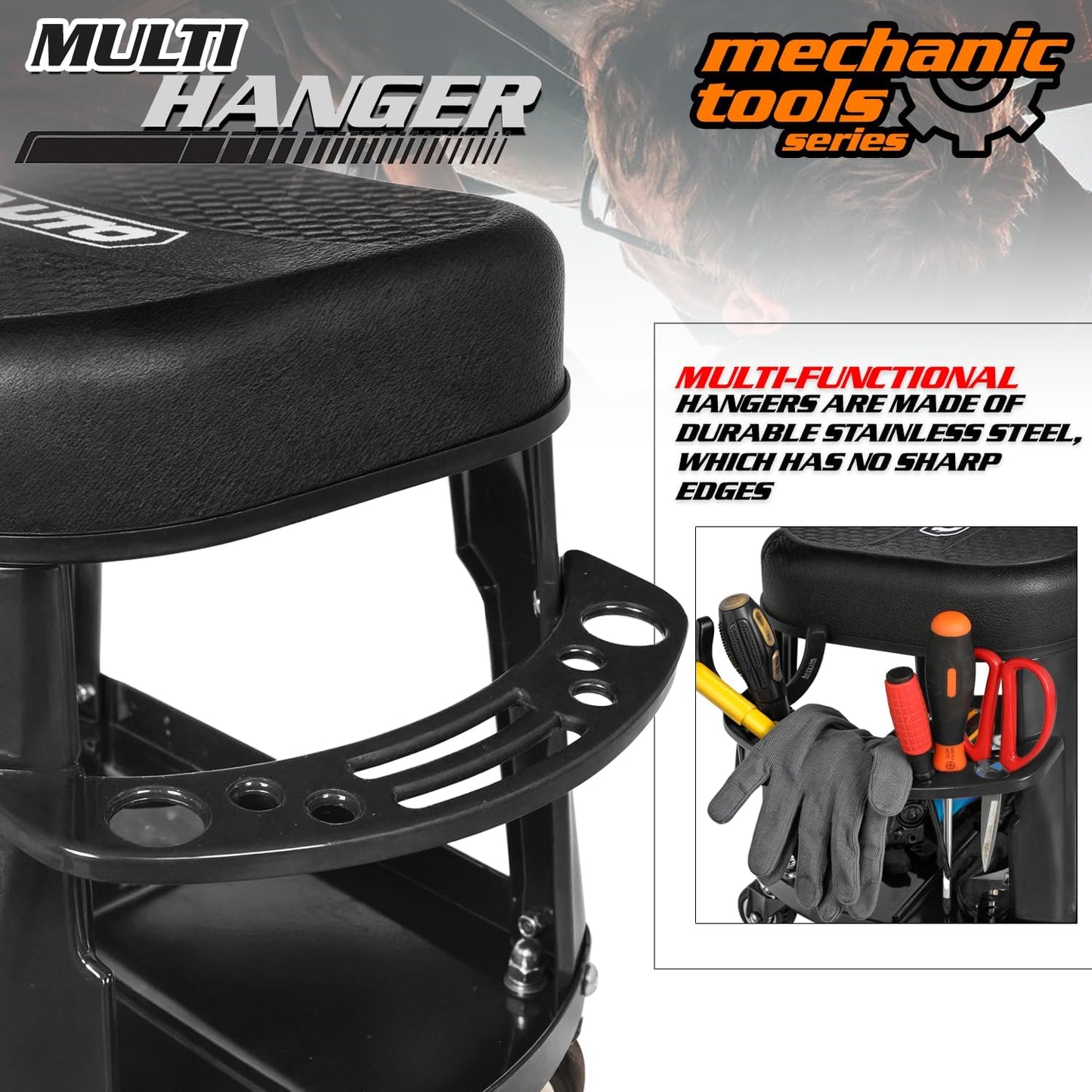 M-AUTO Heavy Duty Garage Rolling Work Seat 300LBS Capacity Mechanics Stool with Wheels, Rolling Work Seat with Equipment Tray and Tool Rack, Rectangle Seat Mechanic Roll Chair, Black