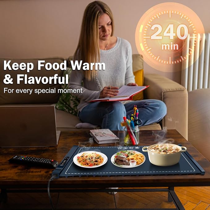 Food Warming Mat - Portable Party Buffet Electric Warming Tray, Foldable Food Warmer, Timed Off, Temperature Adjustable, Suitable for Daily, Outdoor, Party(Dark Blue)