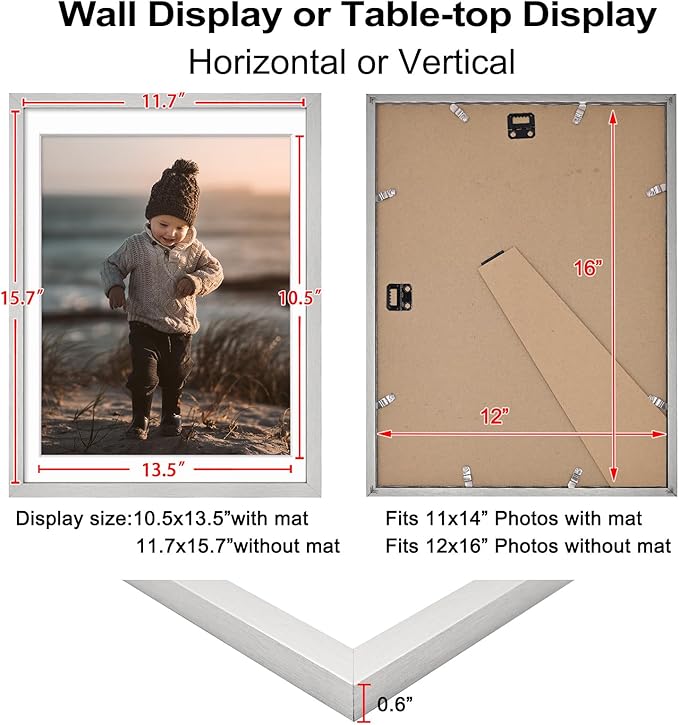 KINLINK 12x16 Picture Frame Silver, Wooden 16x12 Photo Frames with Plexiglass for 11x14 Picture with Mat or 12x16 Without Mat, Perfect for Art Wall and Tabletop Display 12 x 16 frame Set of 4