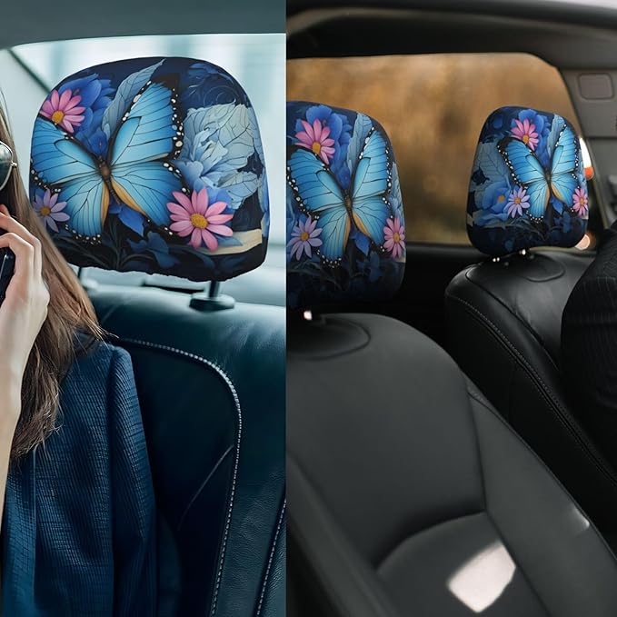 Dujiea 2 Pack Butterfly Flower Car Headrest Covers, Universal Soft Car Seat Head Rest Protector, Vehicle Accessories Fabric Headrest Cover for Cars Vans Trucks