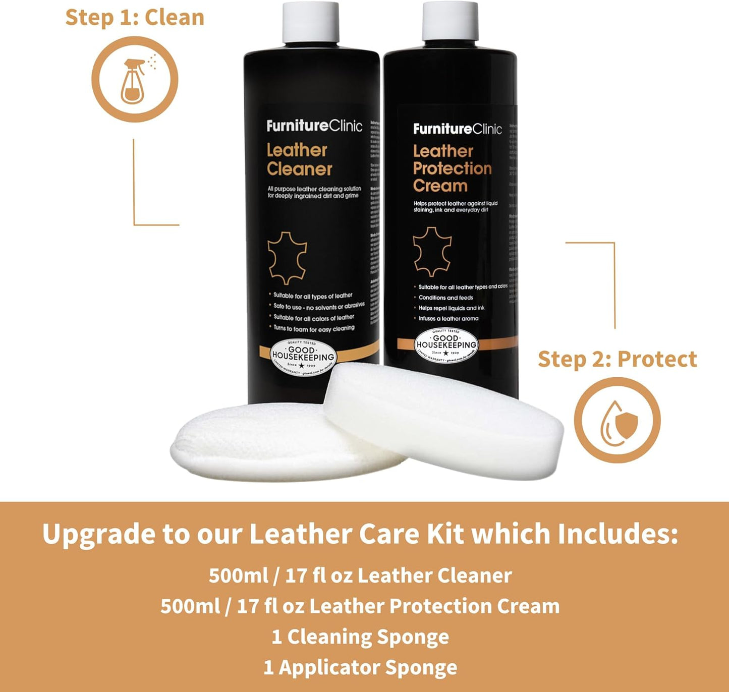 Furniture Clinic Leather Cleaner | Non-Toxic | Removes Dirt & Grime | All-Purpose Cleaning Solution for Couches, Car Seats, Purses, Shoes & Saddles | Restores All Leather Types | 17oz / 500ml