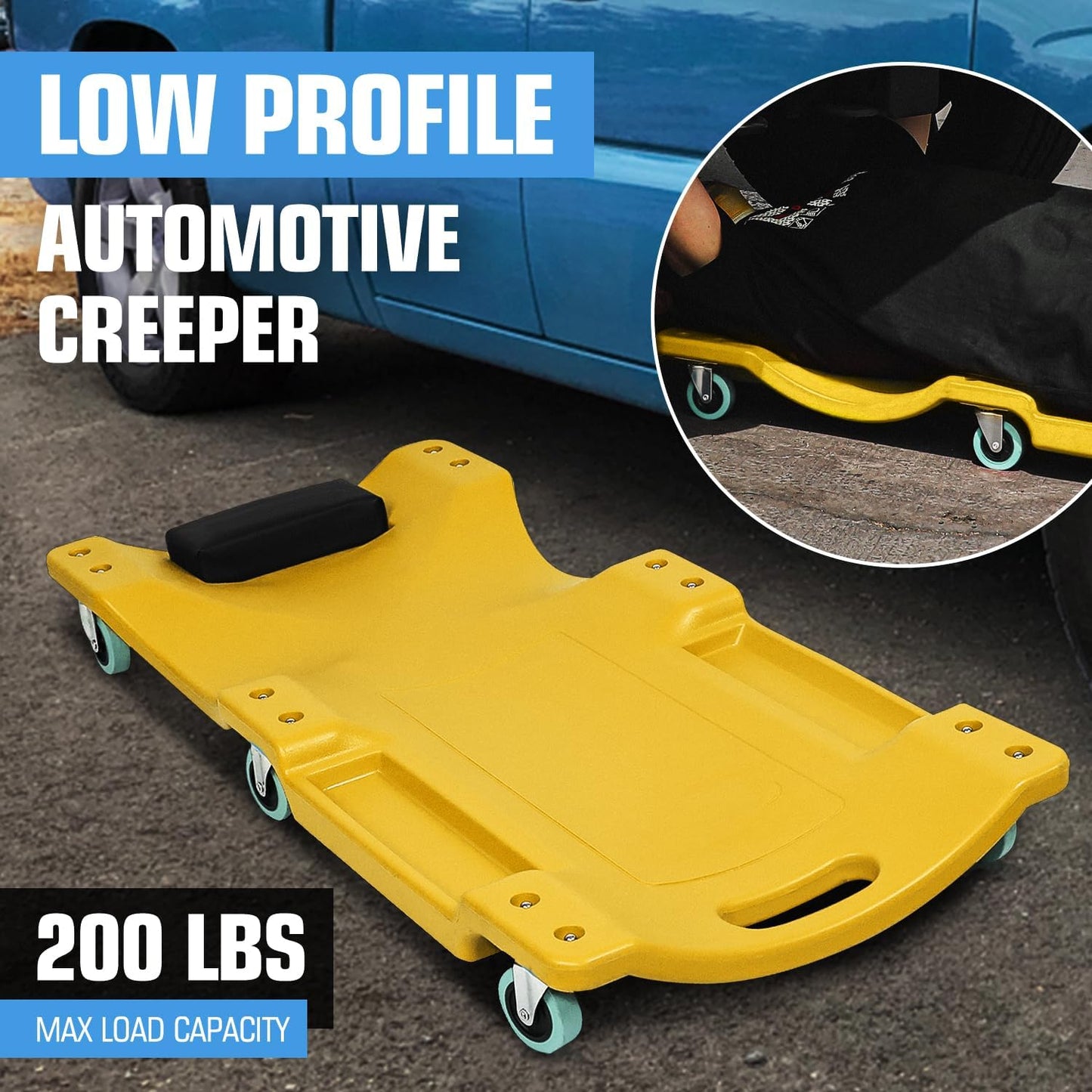 DNA MOTORING 40" L X 19" W Vehicle Repair Low Profile Plastic Rolling Garage Shop Creeper with Padded Headrest,Tool Trays & 6pcs Casters, Yellow, TOOLS-00217-YL