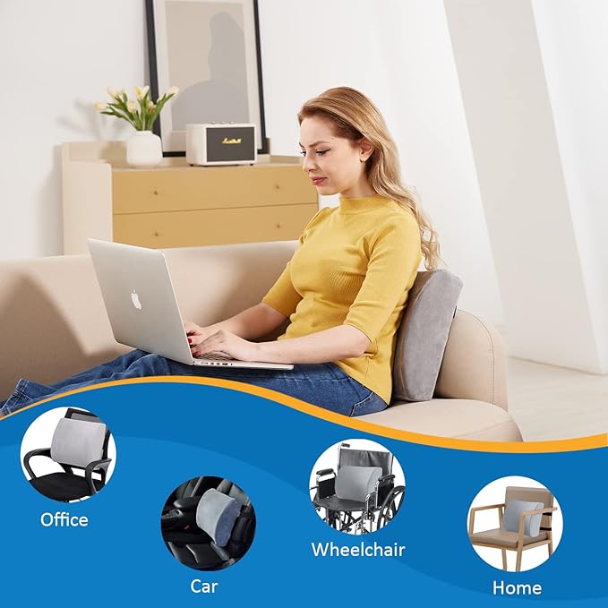 SAIREIDER Lumbar Pillow, Memory Foam Office Chair Back Support Pillows Back Pain Relief Improve Posture, Lumbar Support Pillow for Car、Gaming Chair、 Home Chair, Double Adjustable Straps(Grey)