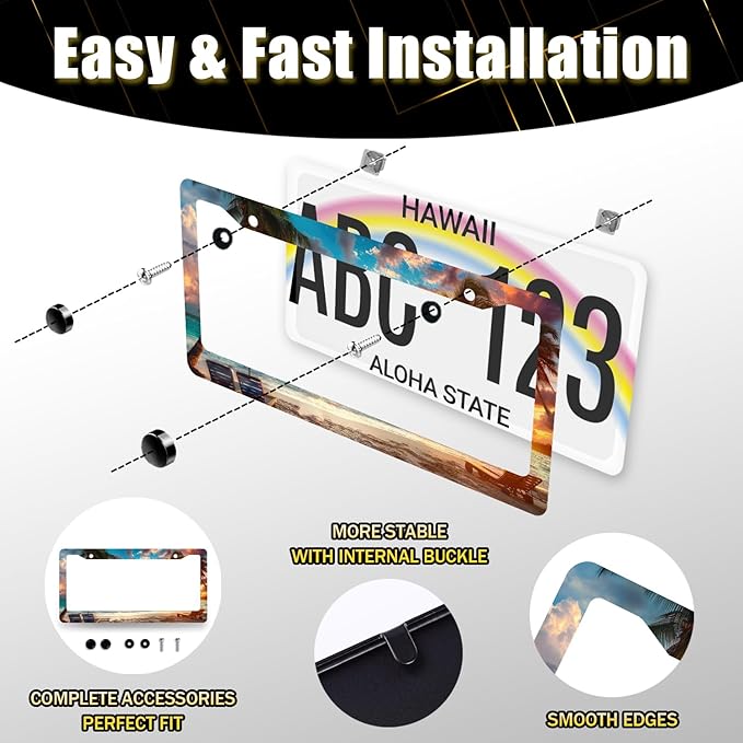 Beach Palm Tree License Plate Frame Sunset License Plate Stainless Steel Hawaiian Funny Accessory Cars Decor for Men Women 12.2 X 6.2 Inch with 2 Holes and Screws Fits Standard Us Ca Vehicles