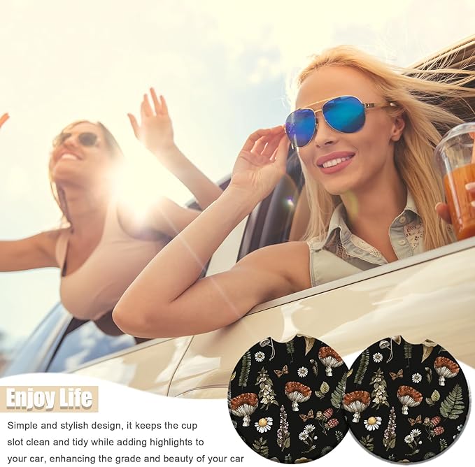 2 Pack Black Mushroom Coasters for Cup Holders, Ceramic Car Cup Holder Coaster for Car, Absorbent Car Cup Coasters with Cork Base Car Interior Accessories for Women Men