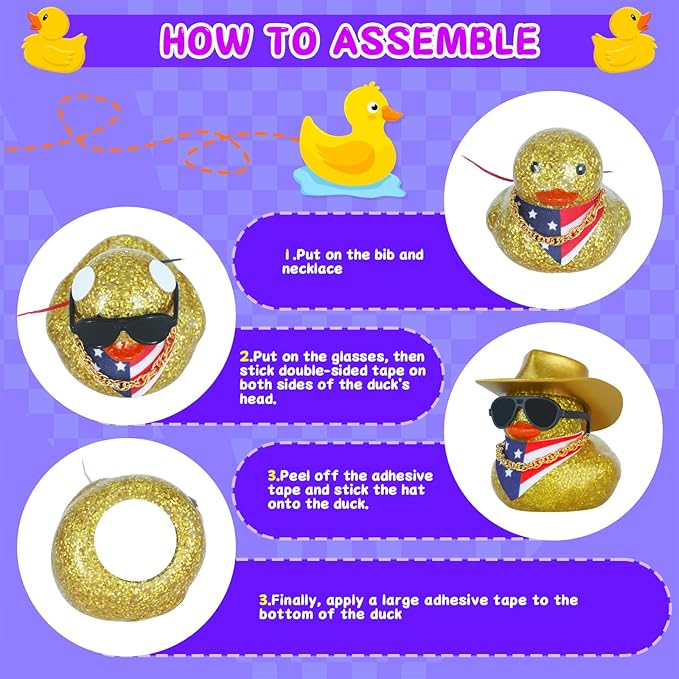 Cowboy Rubber Duck with Golden Hat, Sunglasses, Bandana & Necklace - Glitter Car Dashboard Decoration for Adults, Fun Stress Relief Gift with Adhesive Pads