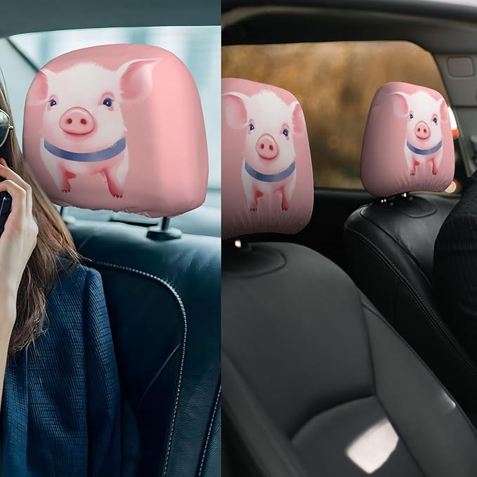 Dujiea 2 Pack Pink Pig Watercolor Car Headrest Covers, Universal Soft Car Seat Head Rest Cover Protector, Vehicle Accessories Fabric Headrest Cover for Cars Vans Trucks