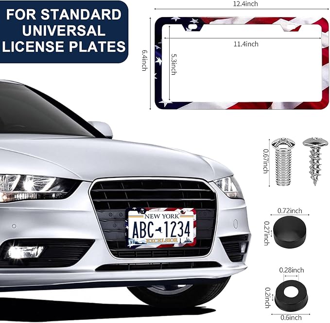 LIN KANG Patriotic American Flag License Plate Frame Holder - 2 Pack Universal Aluminum Matte Stripe US Flag Gloss Car Plate Frame Covers with 2 Holes and Screws Fasteners Caps