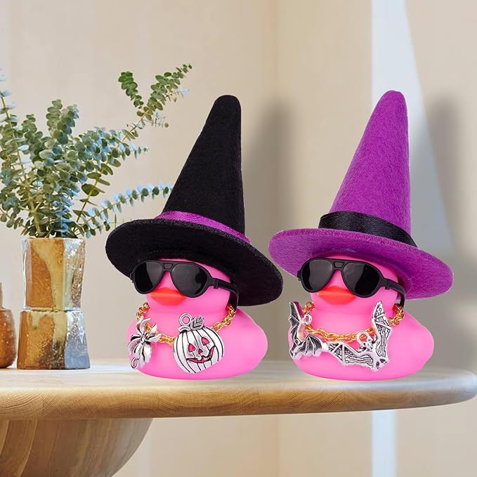 Halloween Car Rubber Duck, Duck Car Dashboard Decorations with Mini Witch Hat Sunglasses Necklace Halloween Accessories for Halloween Themed Gifts(W16)