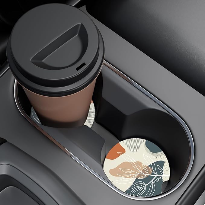 Car Cup Holder Coaster, Car Coasters for Cup Holders, 2 Pack Universal Anti Slip Insert Absorbent Ceramic Auto Interior Accessories with A Finger Notch & Cork Base, Abstract Boho Leaf