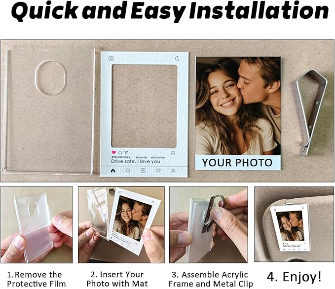 2 x Personalized Car Visor Photo Frame with Clip – 2 Acrylic Frames, 5 Interchangeable Mats – No Adhesive Design, Heat-Resistant Keepsake for Car, Valentine’s, Couple Anniversary, Wedding Gift for Him or Her