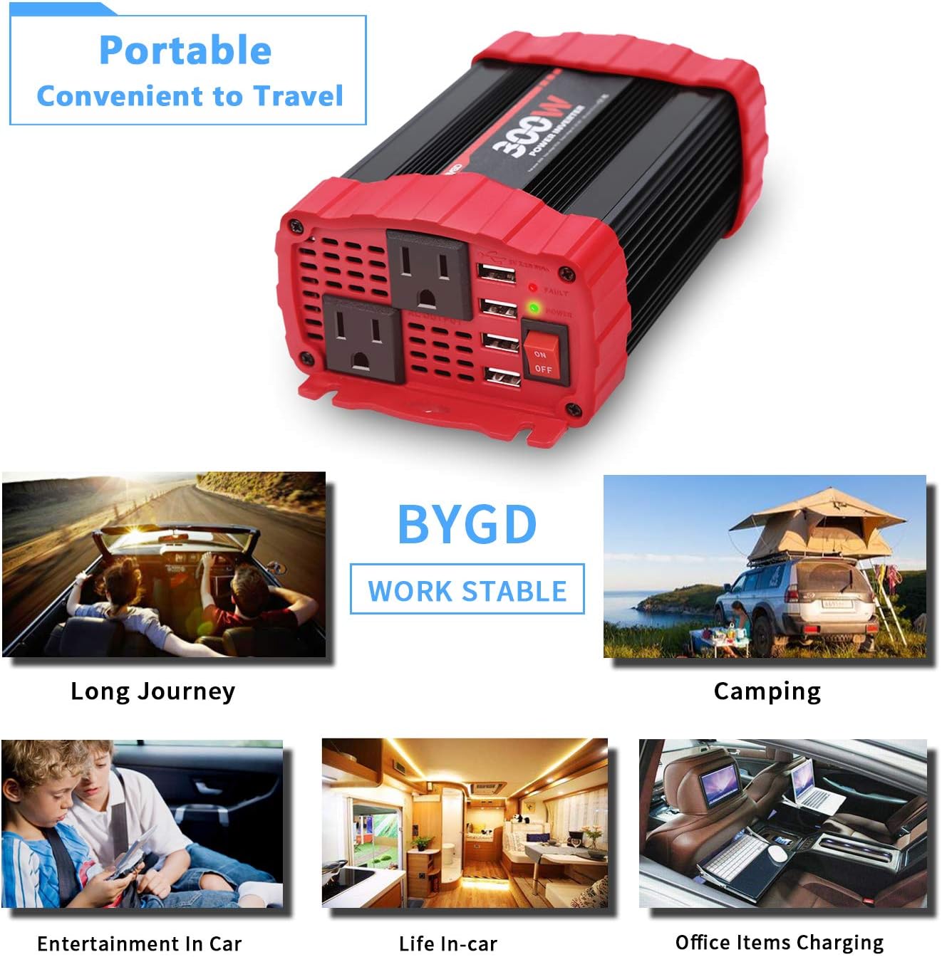 BYGD 300W Car Power Inverter, DC 12V to 110V AC Vehicle Plug Adapter Converter with 4 USB Quick Charging Ports and Dual AC Outlets Car Charger Equipped Cigarette Lighter Cable and Battery Clamps Red