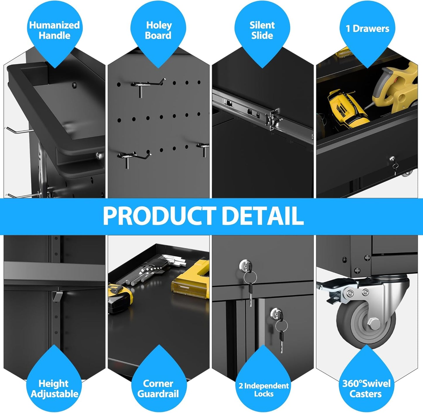 Metal Garage Storage Cabinet with Wheels and Pegboard, 35.4" H Lockable Tool Storage Cabinet with One Drawer, Adjustable Shelf and 4 Hooks for Garage, Warehouse, Black