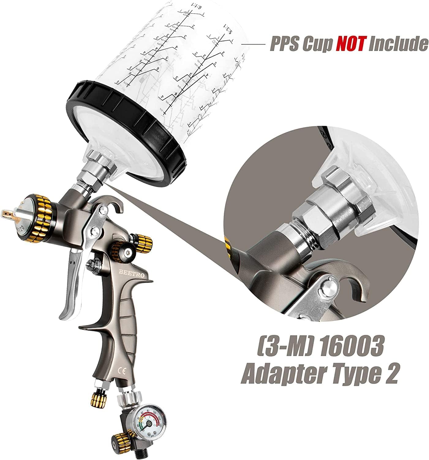BEETRO HVLP Air Spray Gun, 1000ml Capacity 14.3CFM 29-32psi 1.4mm/1.8mm Nozzles Stainless Steel with Type 2 Adapter Air Control Valve and Filter Professional Gravity Feed Sprayer Automotive