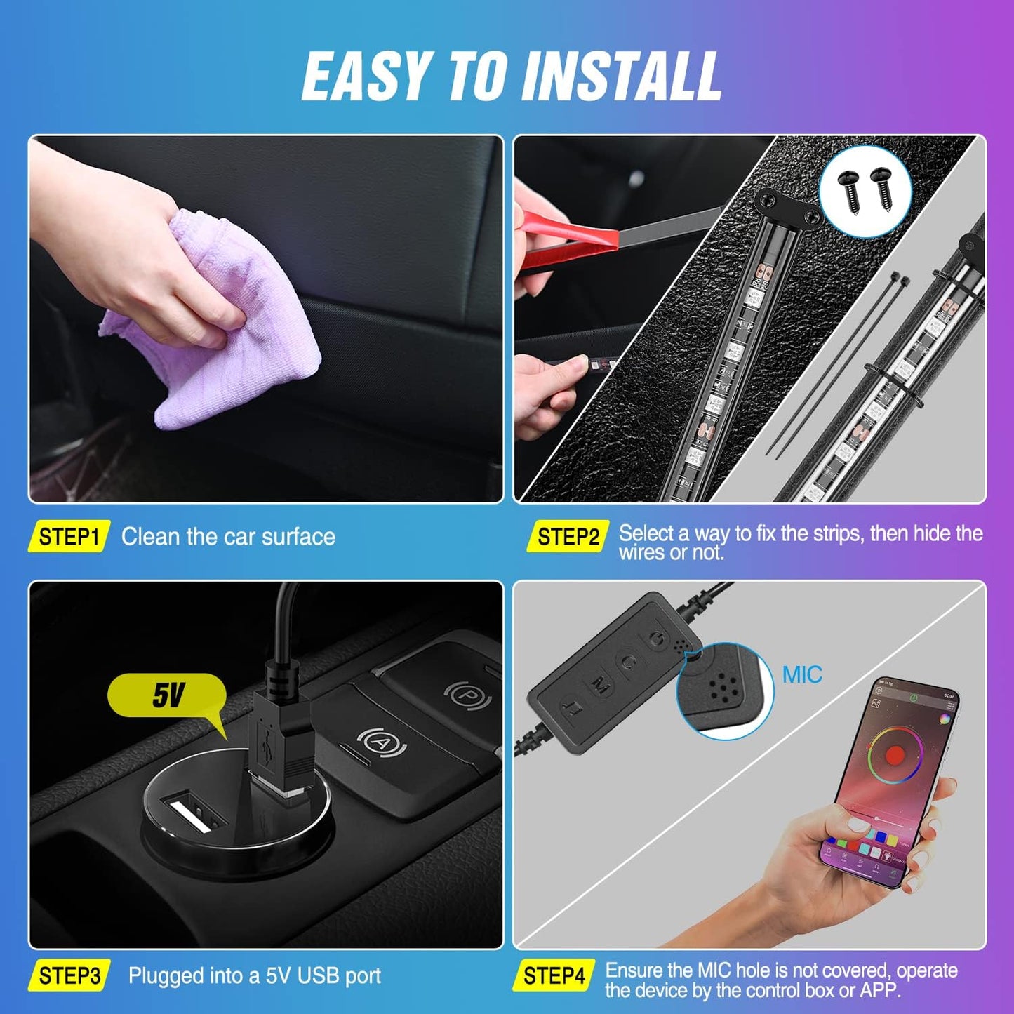 Nilight 72 LED USB Interior Strip Lights Dream Color RGB-IC 12V DC with App RF Remote Control Multicolor Footwell Under Dash Chasing Inside Light Kits 2 Lines Music Sync Mode for Cars Truck ATV UTV