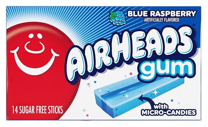 Airheads Candy, Chewing Gum, Blue Rasberry Flavor, Sugar Free, Xylitol, 14 Sticks per Pack, Box of 12 Packs
