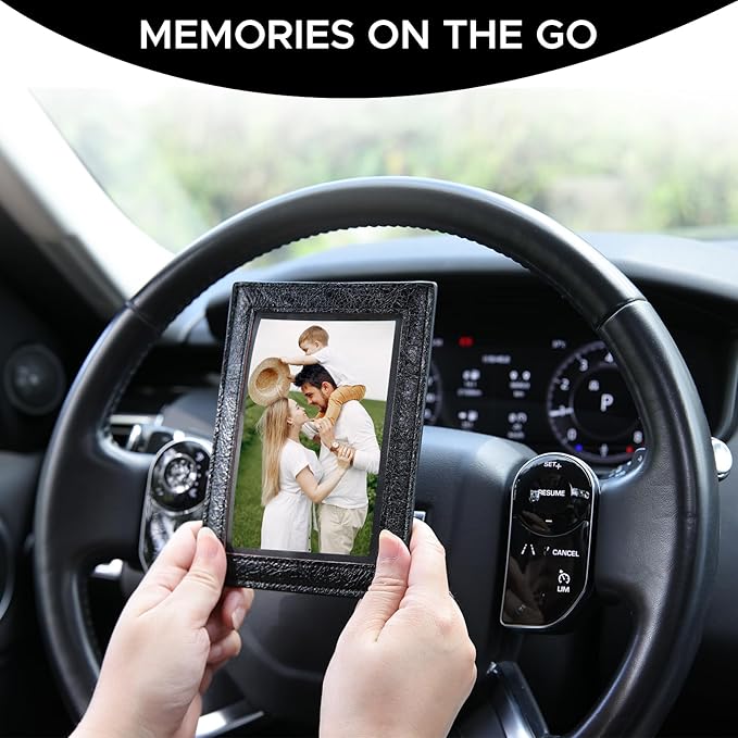 KINIVA 2 Pack Car Picture Holder - Magnetic Faux Leather Picture Frame for Safe Driving - Gift for Dad Mom Husband Wife Car Visor Accessories, Car Accessory (Fits 2.5"x3.5" Photos) (Black)