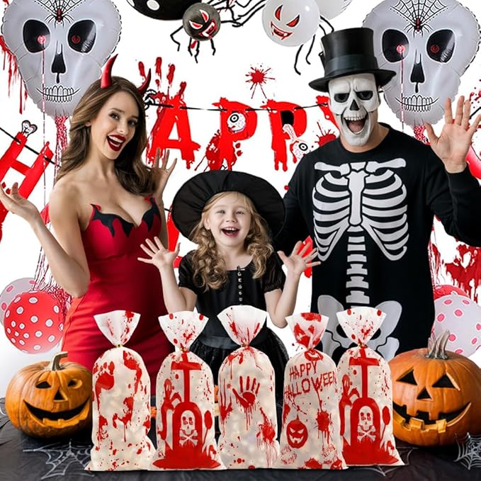 100 PCS Halloween Cellophane Bags(5.1x10.6 Inch) with Ties Horror Ghost Blood Theme Trick or Treat Bag Goodie Candy Gifts Bags Pouches for Halloween Wicked Party Favors Supplies Birthday Decorations