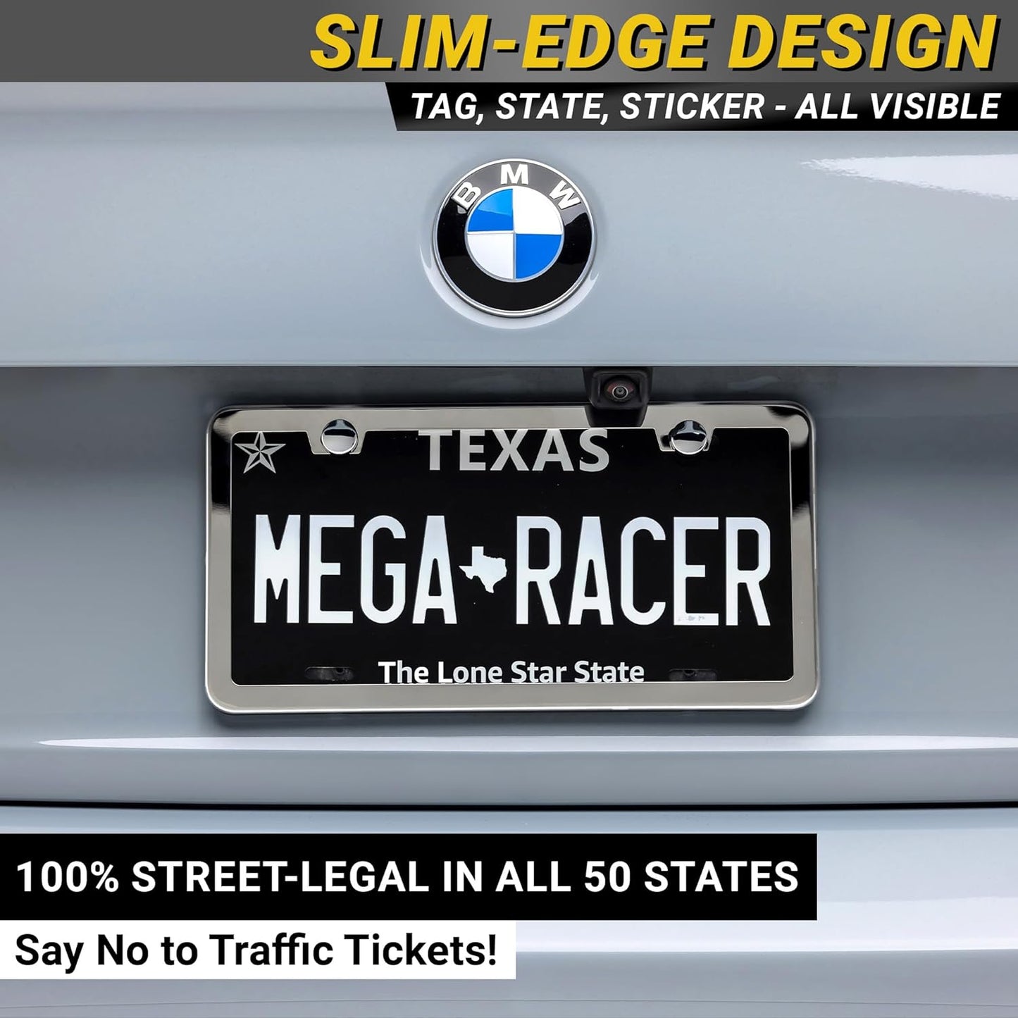 Premium Slim Polished Mirror Chrome License Plate Frames – 2 Pack, Rust-Free Stainless Steel, Rattle-Free & Street Legal Universal Fit with Screw Covers, Thin Silver Metal Front & Rear Car Tag Holders