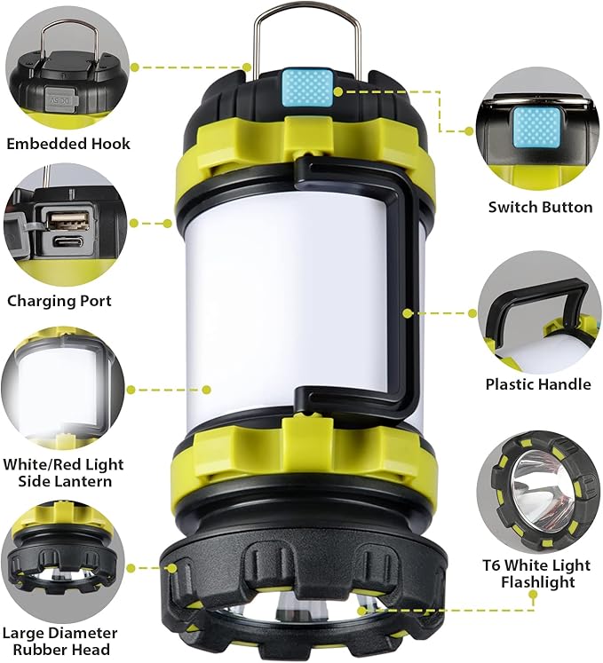 3 Pack Camping Lantern, Outdoor LED Camping Light, Rechargeable Flashlights with 1000LM, 6 Modes, 4000mAh Power Bank, IPX5 Waterproof Portable Emergency Camp Light for Hurricane Hiking - Green