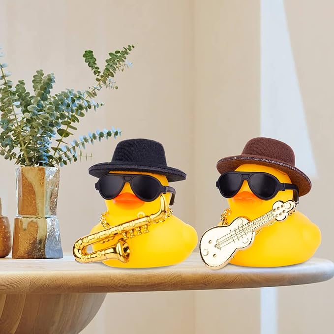 Car Rubber Duck Ornaments Yellow Duck Car Dashboard Decorations with Mini Top Hat Guitar Sunglasses Necklace(G1)