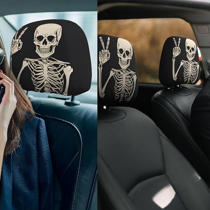 Dujiea 2 Pack Funny Skull Finger Car Headrest Covers, Universal Soft Car Seat Head Rest Protector, Vehicle Accessories Fabric Headrest Cover for Cars Vans Trucks
