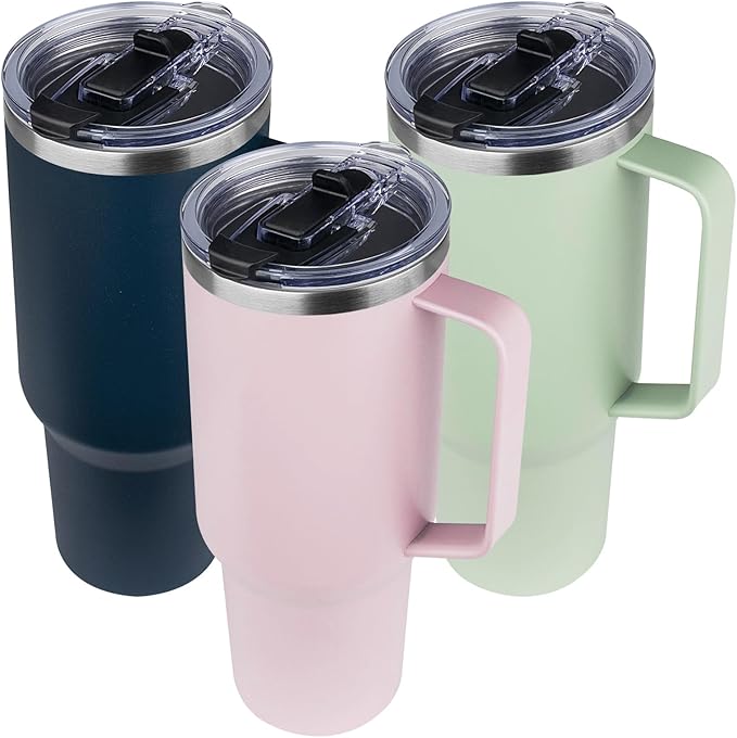 40 oz Tumbler with Handle and Flip Straw, 100% Leakproof Insulated Tumbler with Lid and Straw, Stainless Steel Travel Coffee Mug, Insulated Coffee Thermal Cup for Cold and Hot (Light Purple)