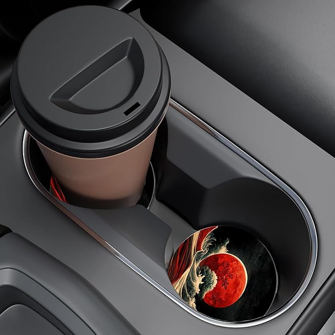 Red Moon Above The Sea Car Cup Holder Coaster,Car Coasters for Cup Holder,2 Pack Chinese Style Landscape Anti-Slip Absorbent Ceramic Car Cup Coasters with Finger Notch Cork Base for Women Men 2.56"
