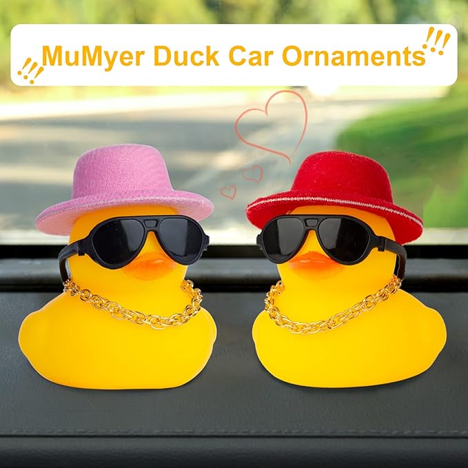 Rubber Duck Car Ornaments Duck Car Dashboard Decorations Accessories with Mini Top Hat Necklace and Sunglasses(T3)