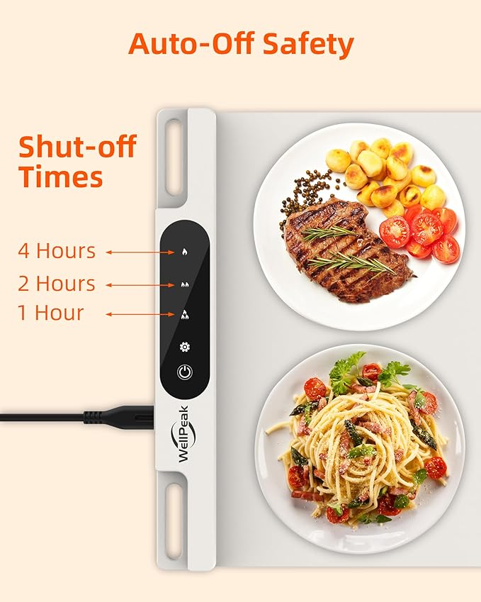 Electric Warming Mat for Food - Full Surface Fast Heating Silicone Tray with 3-Level Temperature, Auto-Off, Raised Feet for Table Protection, Versatile Warmer for Gatherings Parties Buffets, White