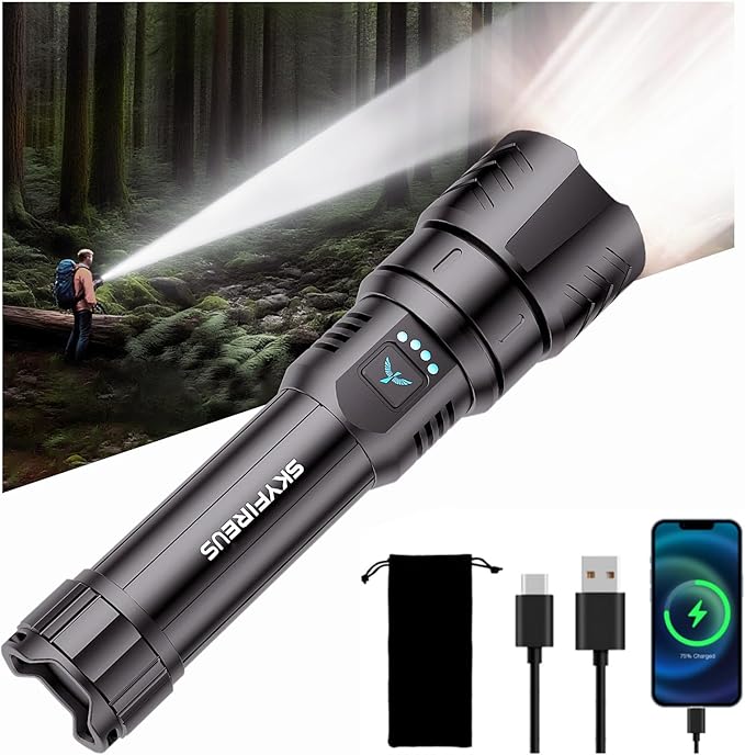SKYFIRE Rechargeable Flashlights High Lumens,5000mAh Super Bright Flashlight Waterproof Powerful LED Tactical Flash Light for Camping Essentials Outdoor Home&Gifts