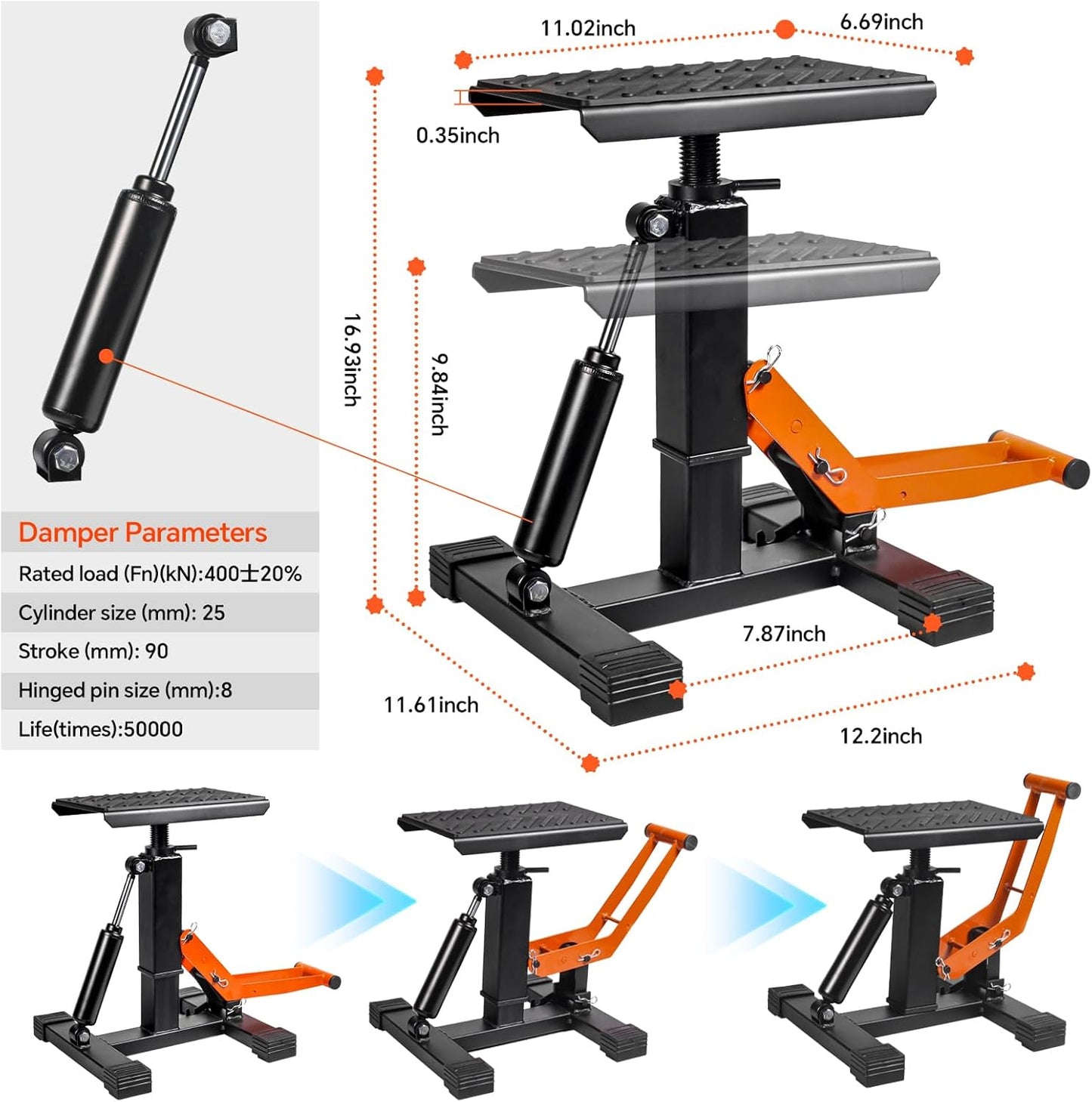 Adjustable Dirt Bike Stand & Powersport Jack 1000LBS Capacity, Heavy Duty Hydraulic Motorcycle Lift Stand & Center Stand for Maintenance, Dirt Bike Accessories for Garage & Shop (New-Orange)