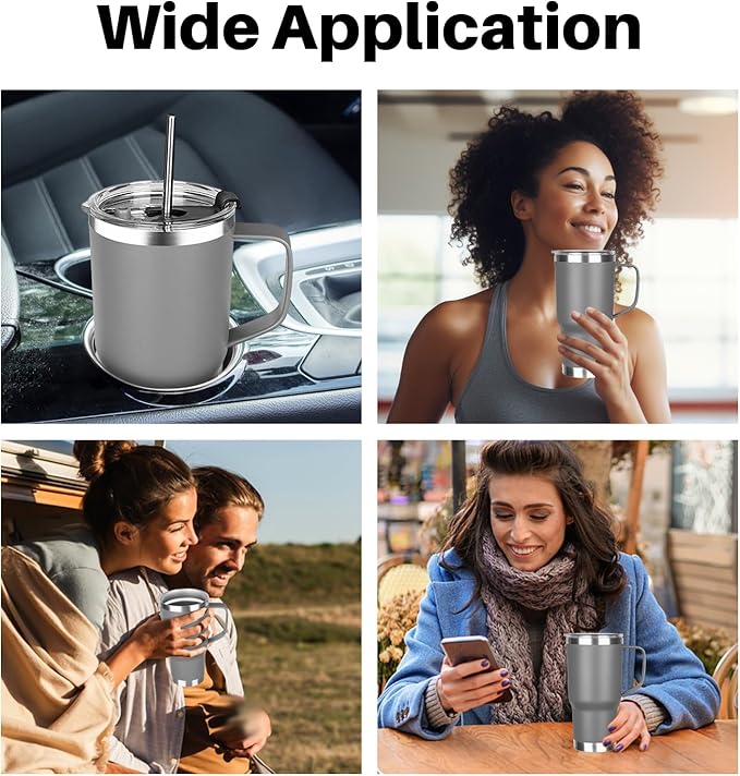 20 oz Tumbler with Handle, Stainless Steel Insulated Tumbler with Lid and Straw, Double Wall Vacuum Insulated Coffee Mug Tumbler, Insulated Coffee Thermal Cup for Cold and Hot (Grey)