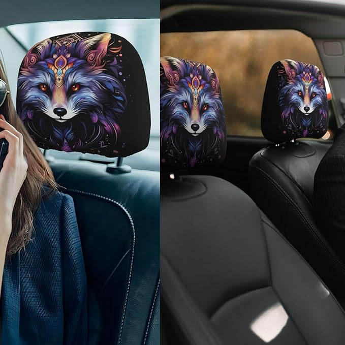 Dujiea 2 Pack Bohemian Mandala Fox Car Headrest Covers, Universal Soft Car Seat Head Rest Cover Protector, Vehicle Accessories Fabric Headrest Cover for Cars Vans Trucks