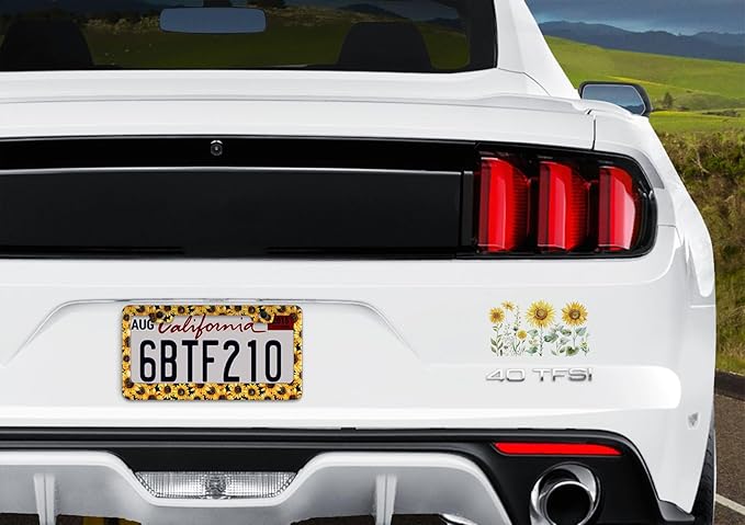 1pcs Yellow Sunflower License Plate Frame for Women, Flower Flora Car Tag Frames Girly for Vehicle with Non Adhesive Electrostatic Sticker